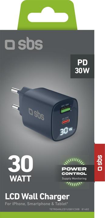 Produktbild SBS Wandladegerät mit LCD-Bildschirm, 1 USB-C-PD-30W-Ausgang, 1 USB-A-18W-Ausgang (30 W)