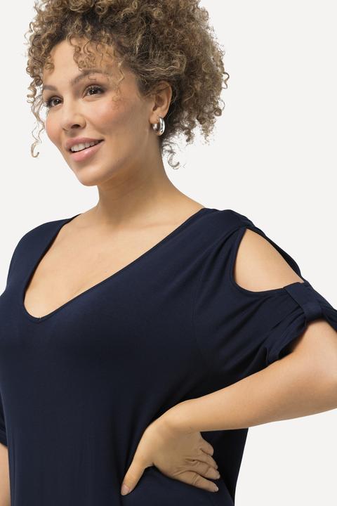 Image du produit Ulla Popken Robe de plage en jersey à décolleté en V, ruban fantaisie et manches courtes (60)