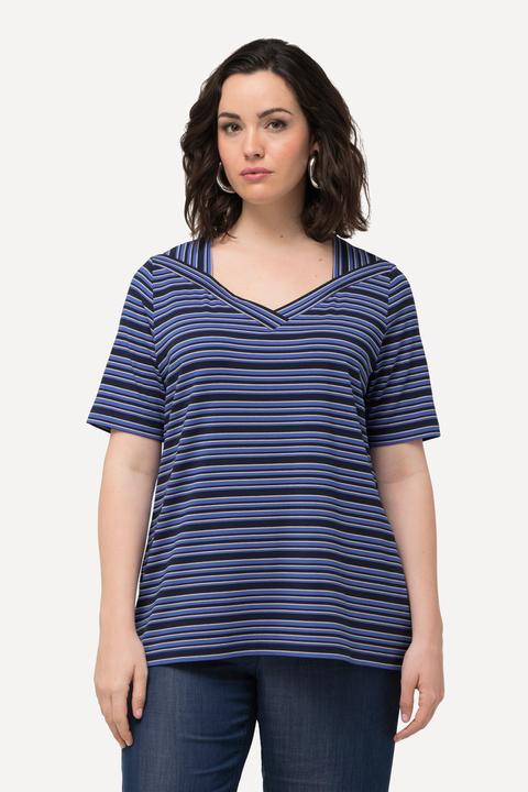 Image du produit Ulla Popken T-shirt Classic Fit à manches courtes. Col en V. Rayures. (58)