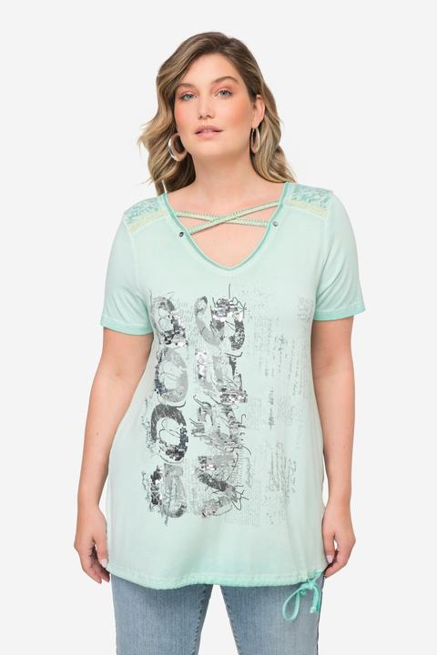 Image du produit Miamoda T-shirt à manches courtes avec ourlet à nouer. Encolure en V avec bandes fantaisie (52)