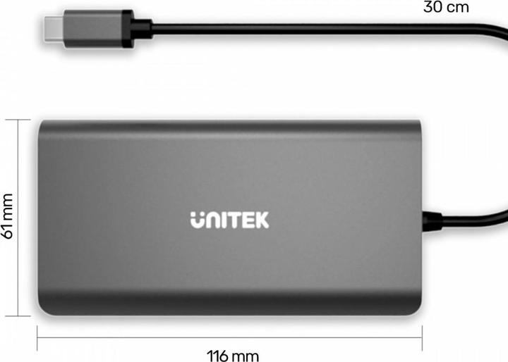 Produktbild Unitek HUB USB HUB 8-w-1 USB-C 3.1 HDMI VGA RJ45 SD PD 100W D1019B (USB-C, 8 Ports)