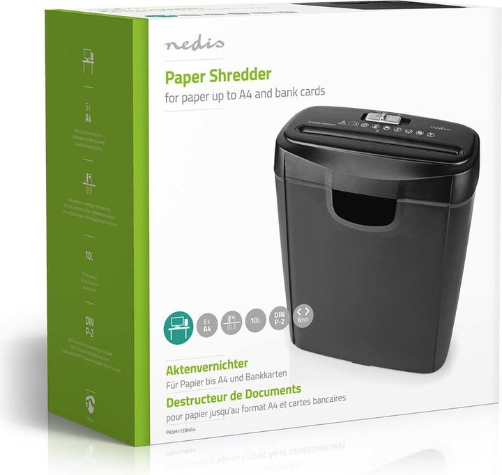 Produktbild Nedis Aktenvernichter | 6x A4-Seiten | 10 l | Sicherheitsnorm: DIN 2 | 190 W | Schwarz (Streifenschnitt)