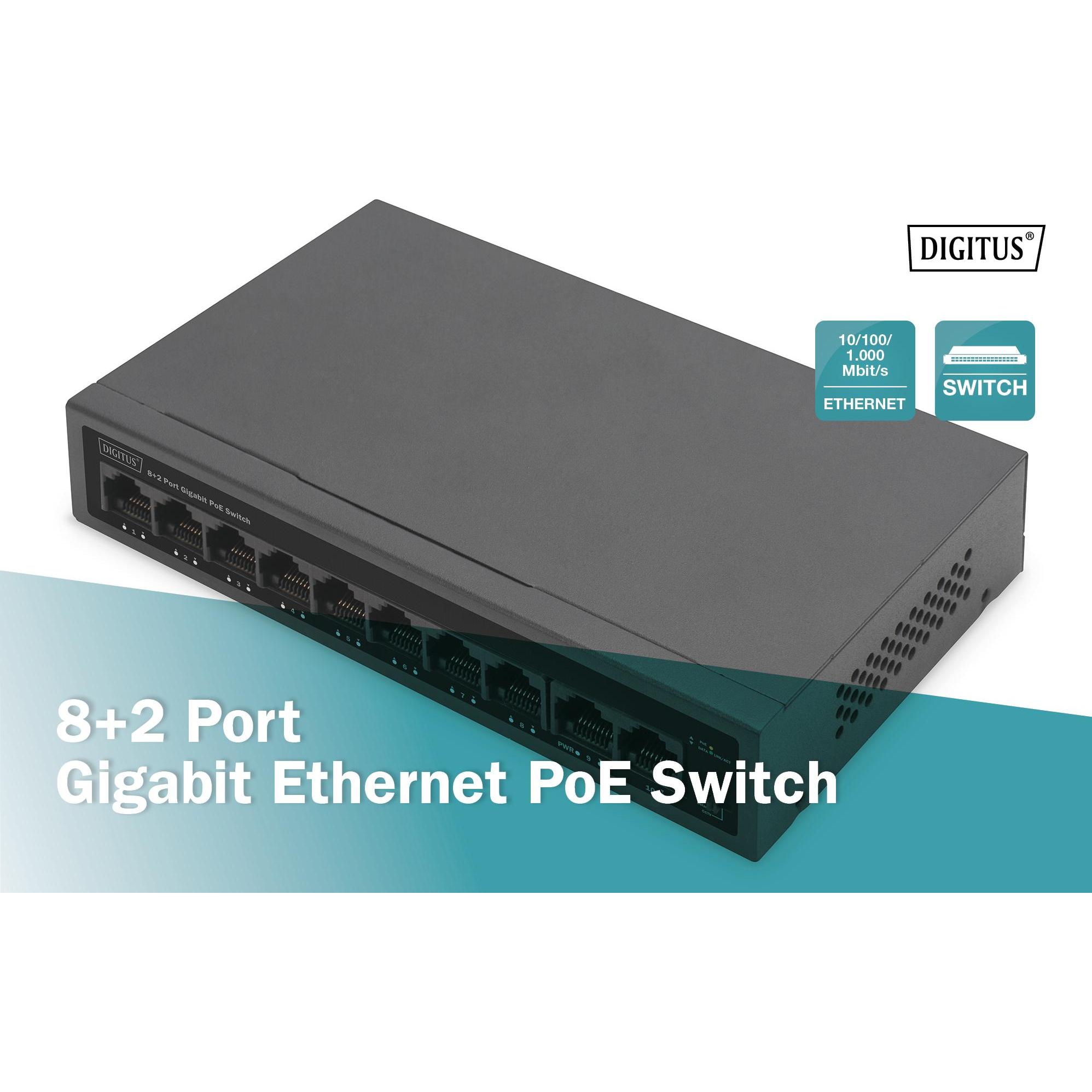 Digitus Switch PoE 8+2 porte GE 8 porte PoE 802.3at, 10/100/1000 Mbps + 2 porte GE (10 porte), Switch di rete, Nero