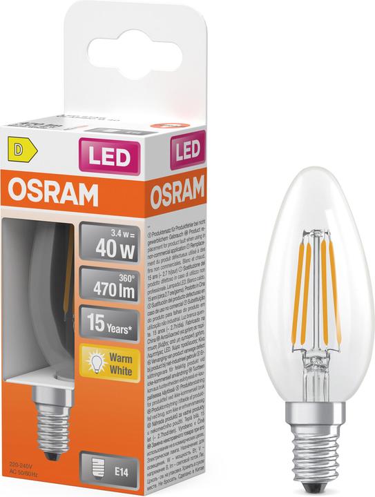 Immagine prodotto Osram LED Leuchtmittel LED Retrofit CLASSIC B 3.4W 827 Clear E14 Warm weiss 4099854467776 (E14, 470 lm, 6x)