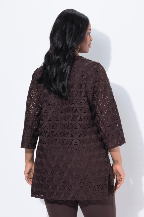 Image du produit Ulla Popken Tunique avec broderies ajourées, décolleté en V et manches 3/4, coupe évasée (50, 52)