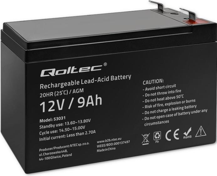 Actual product image Qoltec 53031 AGM battery| 12V| 9Ah| max 135A - Battery - 9.000 mAh (12 V, 9 Ah)