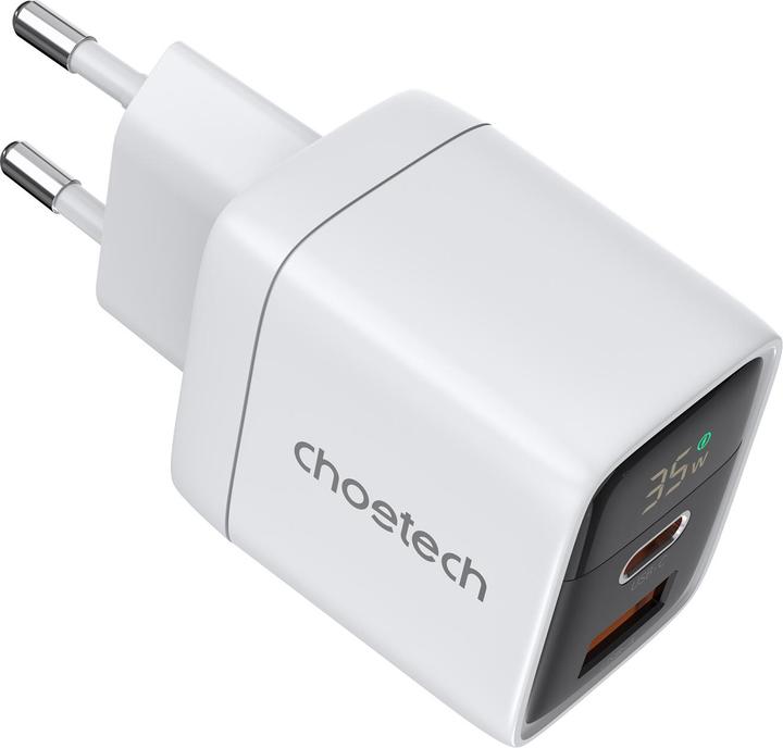 Produktbild Choetech PD6052 USB-C USB-A PD 35W GaN Wandladegerät mit Display – Weiss (35 W, 2 Ports)