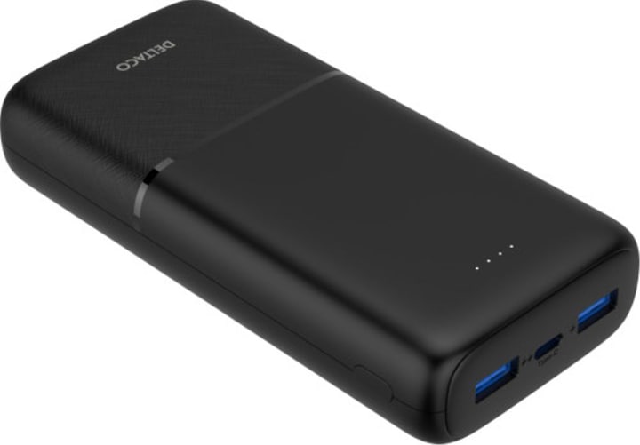 Actual product image Deltaco Powerbank with fast charging, 3 ports, 2x USB-A 18W, 1x USB-C PD 20W, 20,000 mAh black (20000 mAh, 20 W)