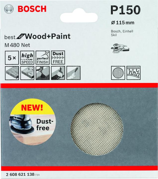 Immagine prodotto Bosch Professional Foglio di levigatura M480 Net. Migliore per legno e vernice. 115 mm. 150. Confezione da 5 (150)