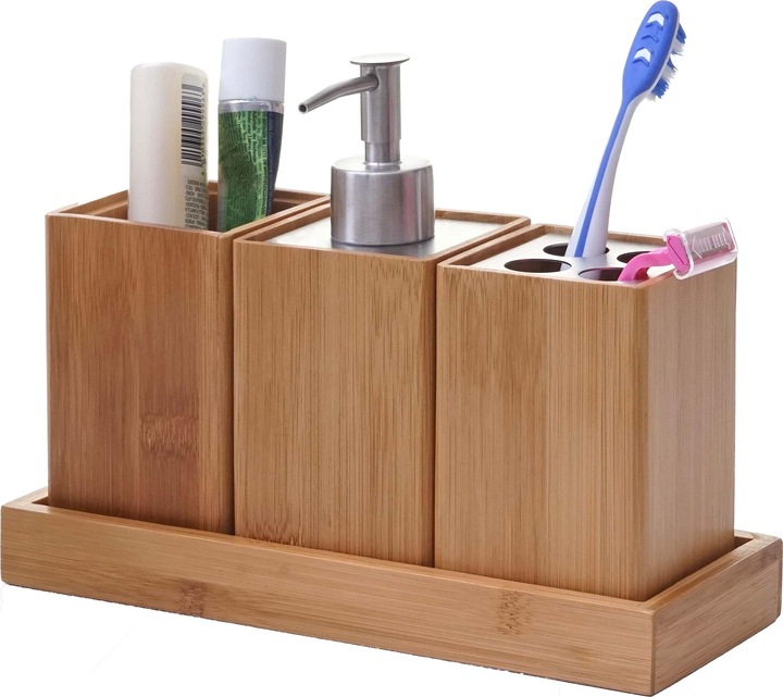 Produktbild Swisshandel24 4-teiliges Badset, Badezimmerset Badaccessoires Seifenspender Zahnbürstenhalter, Bambus