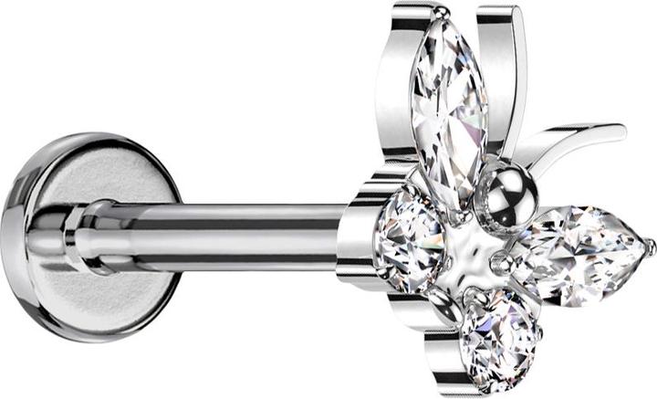 Image du produit Star Piercing Micro Labret Filetage interne argenté Papillon argenté Cristaux argentés (Titane, sans laiton)