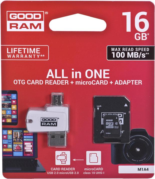 Produktbild Goodram M1A4-0160R12 memory card 16 GB MicroSDHC Class 10 UHS-I - High Capacity SD (Micr (16 GB, microSDHC, U1, UHS-I)