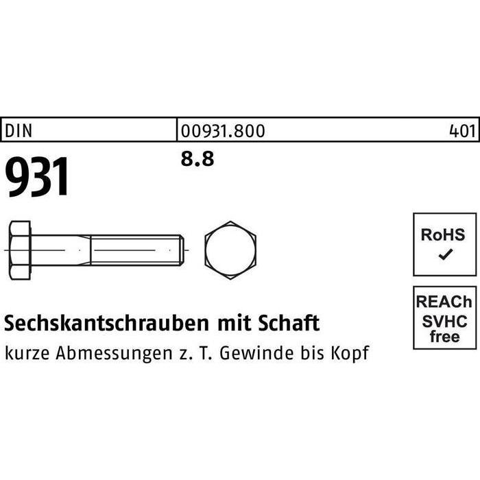 Schrauben, Sechskantschraube DIN 931 m.Schaft M 10 x 40 8.8 (100 Schrauben pro Stück)
