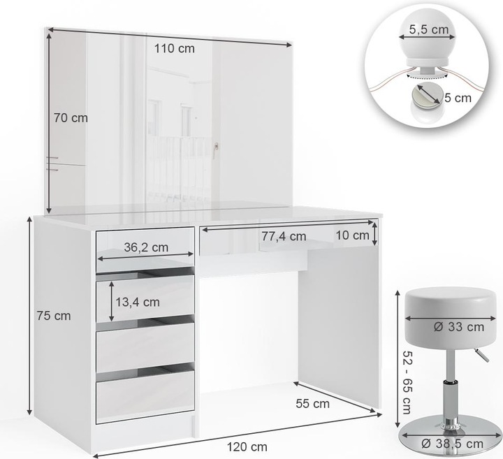Produktbild Vicco Sherry mit Hocker und Beleuchtung (120 x 55 x 75 cm)
