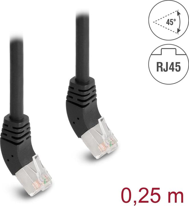 Actual product image Delock Patch cord 45° top angled Cat 6A, S/FTP, 0.25 m, Black (S/FTP, CAT6a, 0.25 m)
