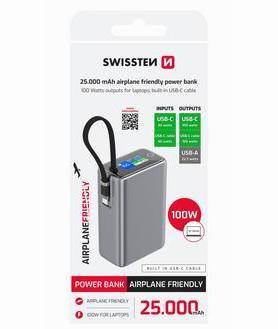 Swissten 22013977 Travel powerbank 25000 mAh with integrated USB-C cable 100W grey (25000 mAh, 100 W, 96.25 Wh)