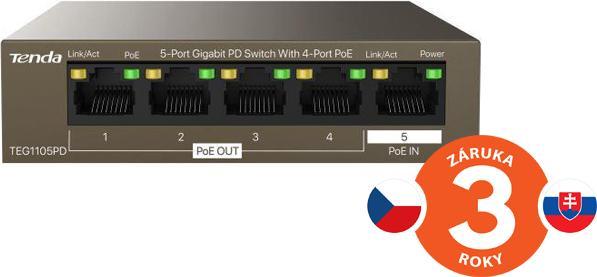 Produktbild Tenda TEG1105PD network switch Gigabit Ethernet (10/100/1000) Power over Ethernet (PoE) Brown (5 Ports)