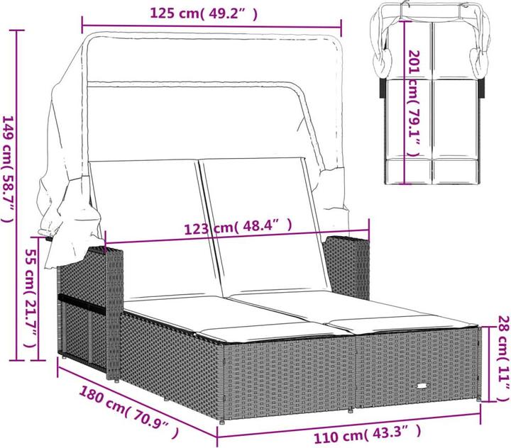 Actual product image VidaXL Double sun lounger with roof and cushions (114 cm)