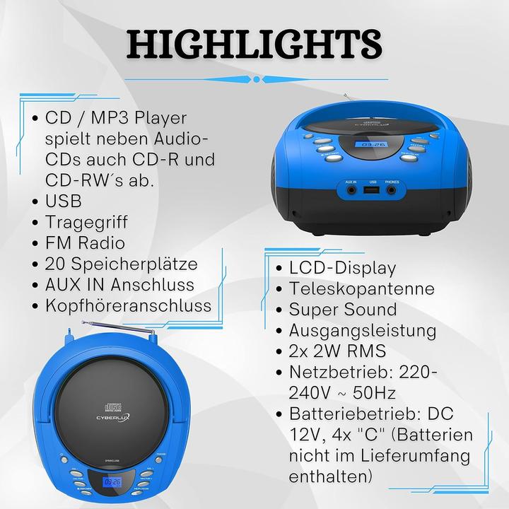 Produktbild Cyberlux Tragbare Boombox mit CD-Player und Bluetooth