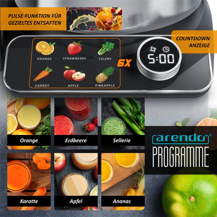 Actual product image Arendo Zentrifugalentsafter, Edelstahl, BPA Frei, 1000W, XXL-Einfüllschacht, Programme, Display, Tropfstopp