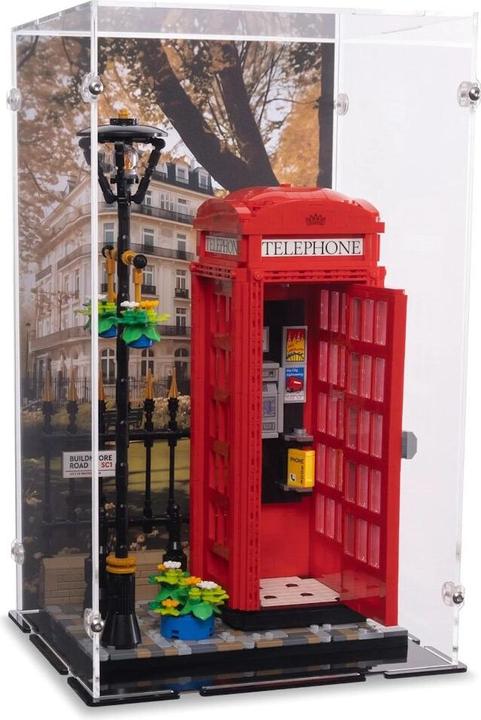 Immagine prodotto iDisplayit Display in acrilico per LEGO® 21347 Cabina telefonica rossa di Londra (con immagine di sfondo)