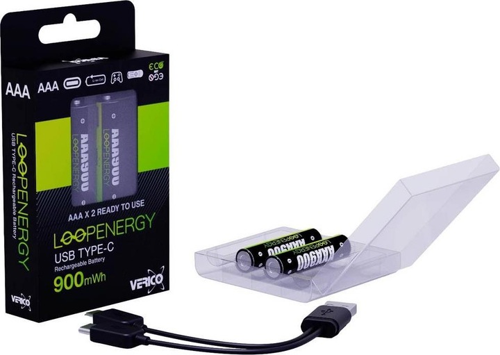Actual product image Verico LoopEnergy Li-Ion battery AAA900, USB-C, 2-pack retail (2 pcs., AAA, 600 mAh)