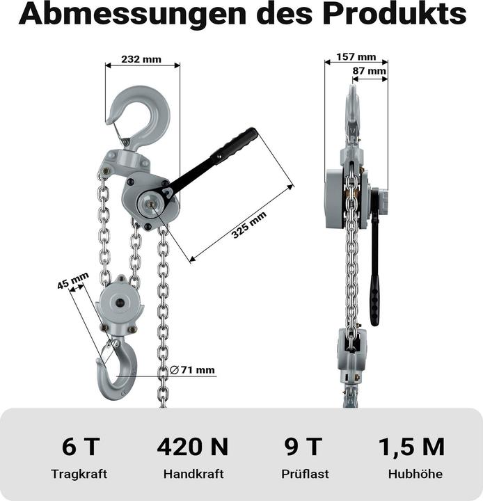 Produktbild Wiltec Mini Hebelzug bis 6t Handkettenzug 1,5m Hubhöhe Kettenzug Hebezeug