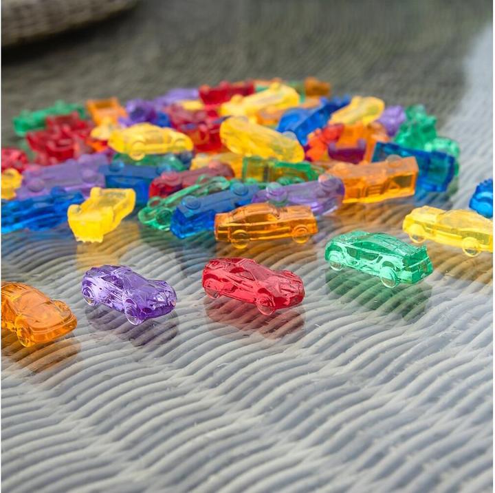 Actual product image TickiT Set with 72 colorful, translucent plastic car figures in a storage box