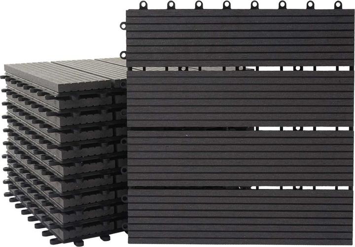 Swisshandel24 WPC Bodenfliese Rhone, Holzoptik Balkon/Terrasse, 11x je 30x30cm = 1qm Premium, anthrazit linear (11x, 30 x 30 cm)