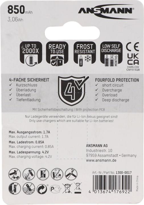 Productafbeelding Ansmann 16340 Li-Ion accu 850mAh 3,6V standaard versie (1 Pcs., C, 850 mAh)
