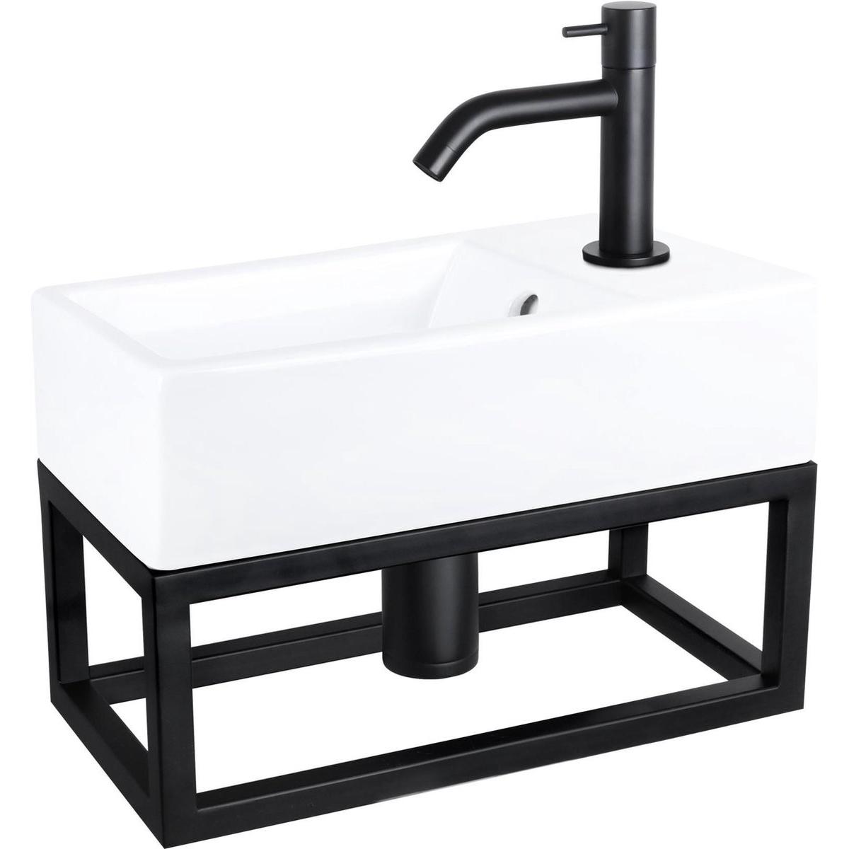 Differnz, Lavandino, Force Fonteinset - Wasbak Keramiek - Wit - Gebogen Kraan - Mat Zwart - Standaard Greep - 40 x 22 x 1 (220 mm, 400 mm)