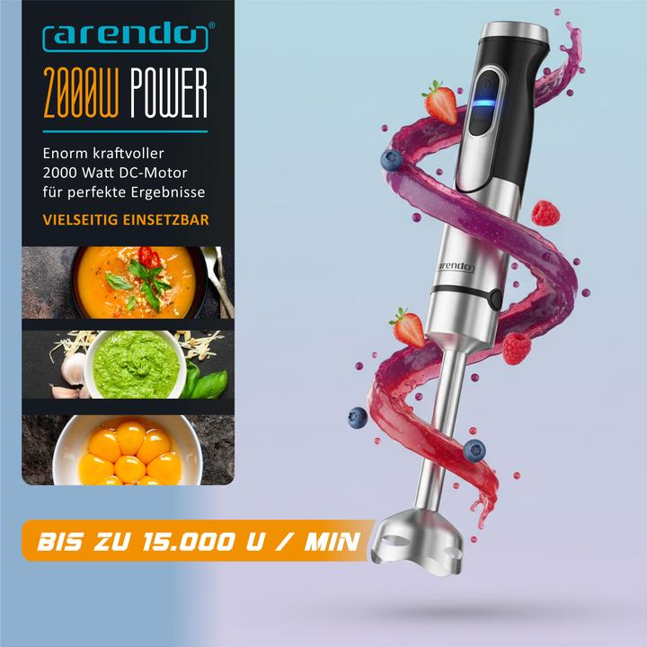 Image du produit Arendo Stabmixer Set 2000 Watt, Edelstahl, Handmixer, stufenlose Regelung, Abnehmbar, DC-Motor, ergonomisch