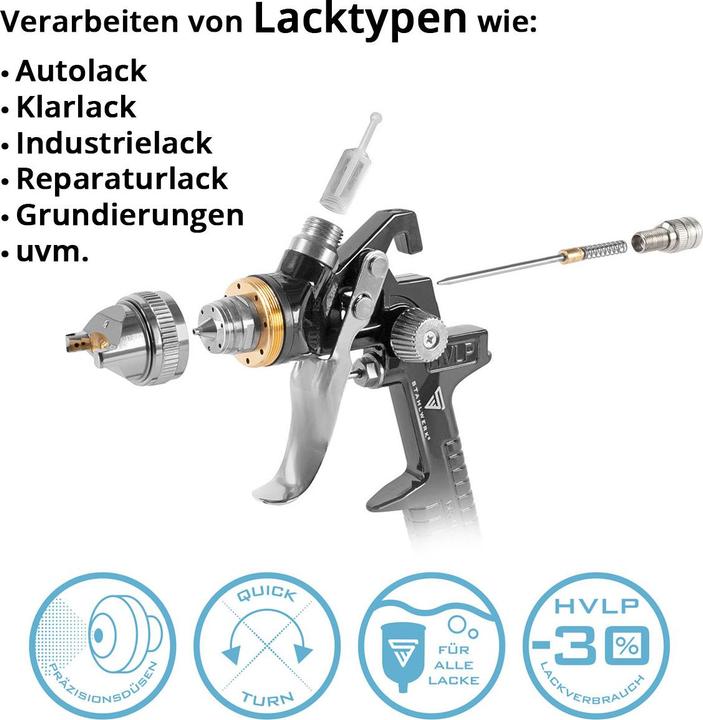 Produktbild Stahlwerk Lackierpistole HVLP Druckluftpistole 3,5bar mit 1,4mm Düse 25 Mischbecher-Set 650 ml