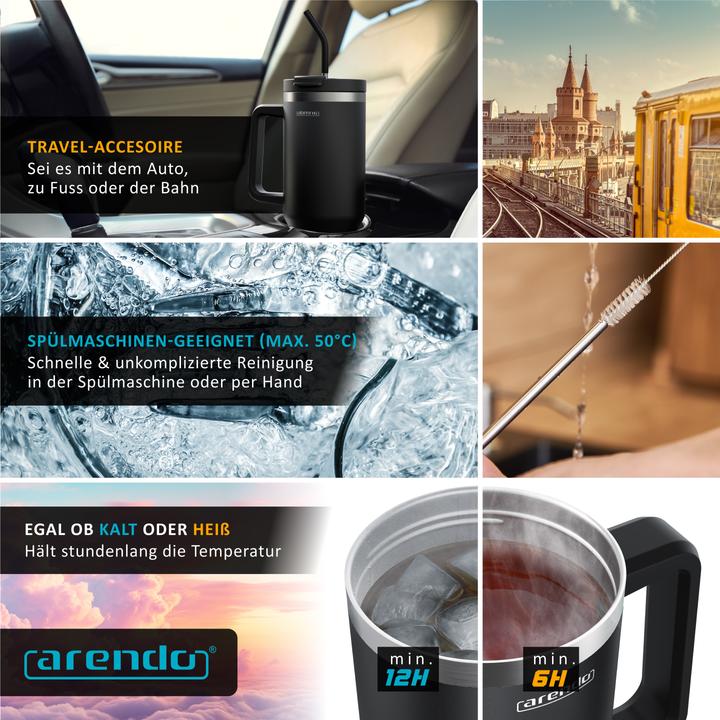 Produktbild Arendo Thermobecher 1200 ml, Thermal Mug, Becher mit Deckel, Henkel & Strohhalm, Tumbler, Edelstahl (1.20 l)