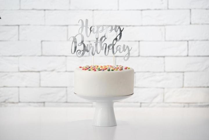Actual product image Partydeco Décoration Argentée pour gâteau "Happy Birthday (1 Piece)