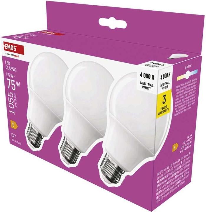 Immagine prodotto Emos Lampada LED Classic A60 / E27 / 9,5 W (75 W) / 1055 lm / bianco neutro (E27, 9.50 W, 1055 lm, 3 x, E)