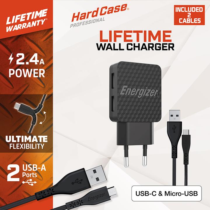 Produktbild Energizer Lifetime Wall Charger USB-C + Micro-USB Cable (2m) black (12 W)