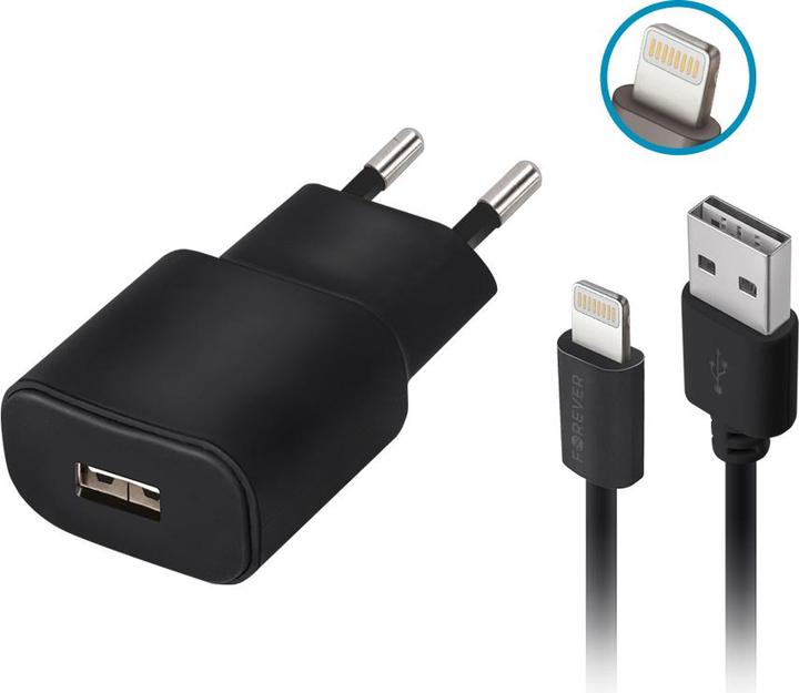 Actual product image Forever TC-01 charger 1x USB 2A black + Lightning cable (10 W, 1 portion)