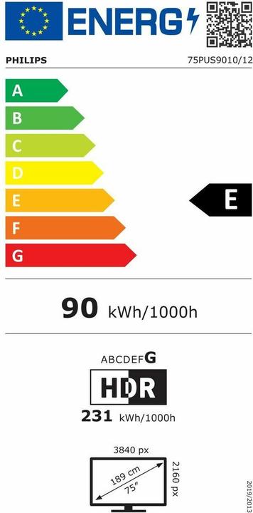 Etichetta energetica Philips 75PUS9010/12 (75", LED, QLED, 4K, 2025, EU)