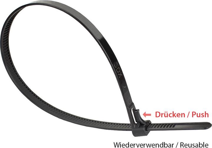 Image du produit Good Connections Collier de serrage réutilisable 200 mm x 7,4 mm, noir, résistant aux UV, -40 °C à +85 °C, 100 pièces (Serre-câbles en plastique, 200 mm, 100 pcs)