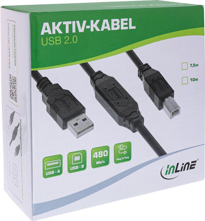 Produktbild InLine USB 2.0 Aktiv-Kabel, USB-A Stecker zu USB-B Stecker, 10m (10 m, USB 2.0)