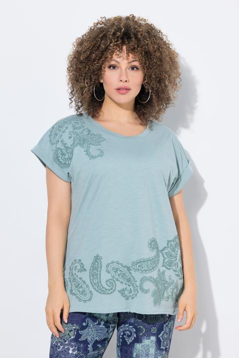 Actual product image Ulla Popken Textured Paisley Motif Cap Sleeve Tee (58)