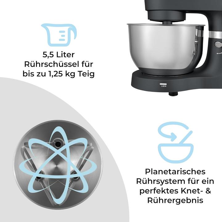 Image du produit KLAMER Küchenmaschine Classic 1400 W – 5,5 L Rührschüssel aus Edelstahl, Knet-, Rühr- & Schneeb… (1400 W, 5.50 l)