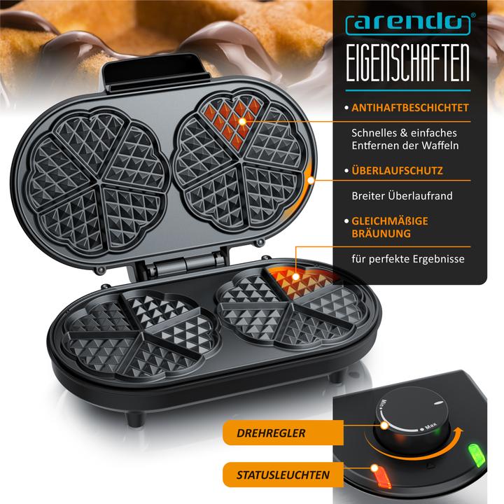 Actual product image Arendo Doppelwaffeleisen Waffeleisen Doppel Herzwaffeln, Antihaftbeschichtung, 1000 Watt, Temperaturregler