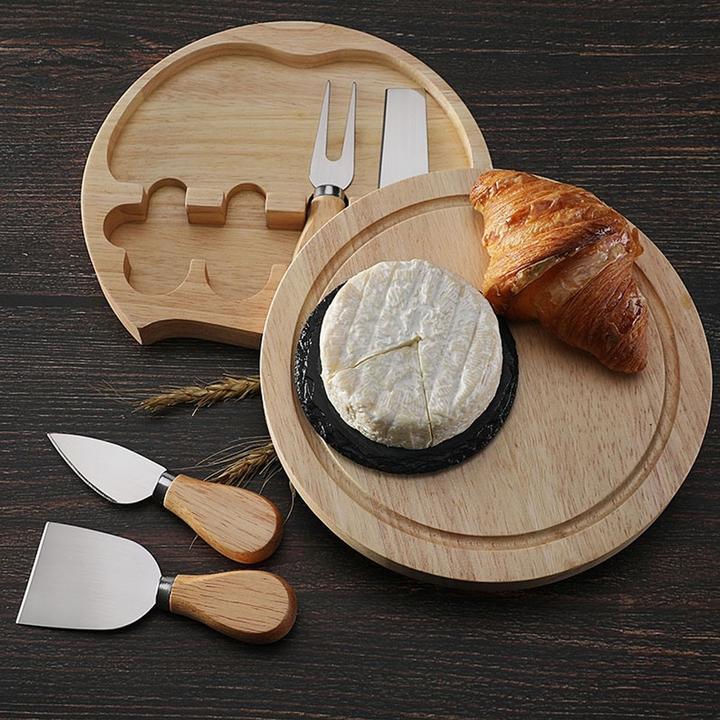 Actual product image 4-piece cheese board rotating cheese cutting board oak cheese board with cheese knife set