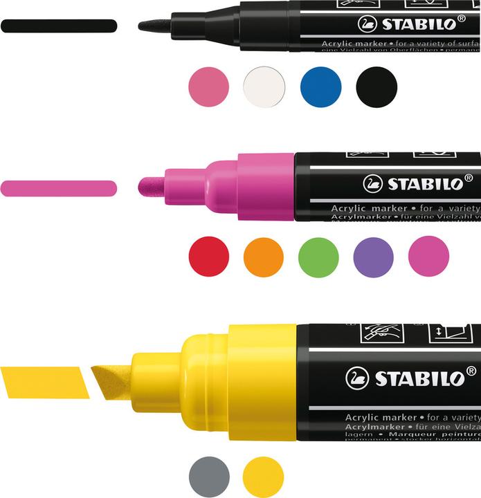 Produktbild STABILO FREE Acrylic Acrylmaker (Weiss, Karmin, Laubgrün, Orange, Gelb, Lila, taffy pink, Violett, Dunkelgrau, Schwarz, Dunkelblau, 10 mm, 11 x)