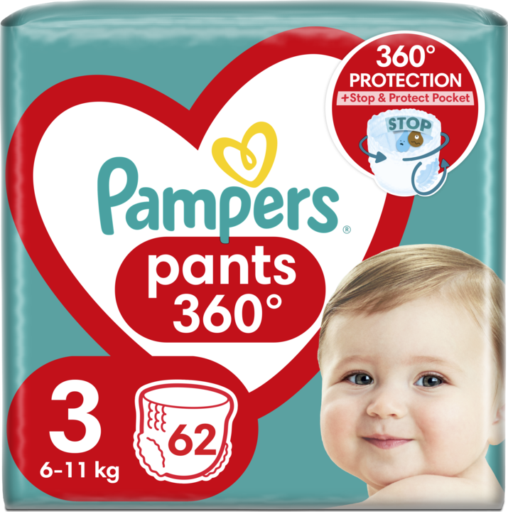 Pampers Hosen Windeln-Hosen, 3 Grösse, 62 Windeln, 6kg-11kg (Gr. 3, Tragepack, 62 Stück)