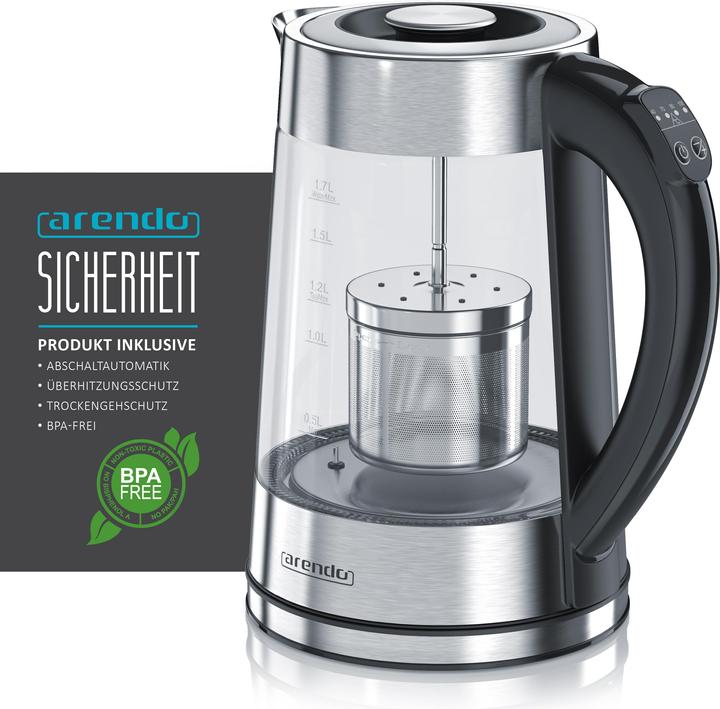 Image du produit Arendo Bouilloire 1,7 l, 2200 W, acier inoxydable & verre avec passoire à thé, théière, sélection de la (1.70 l)