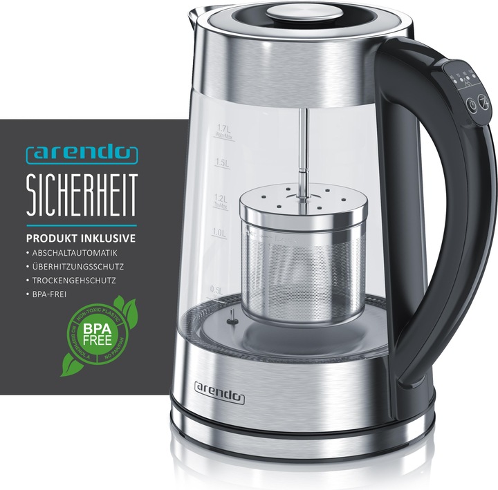 Actual product image Arendo Kettle 1.7 l, 2200 W, stainless steel & glass with tea strainer, tea maker, temperature selection (1.70 l)