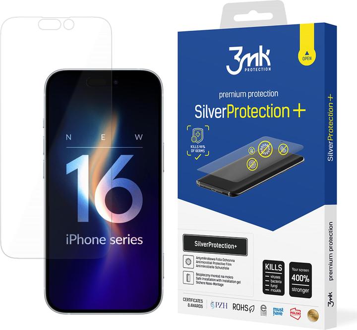 3MK SilverProtect+ iPhone 16 Plus Folia Antymikrobowa montowana na mokro (1 Pcs., Apple iPhone 16 Plus)